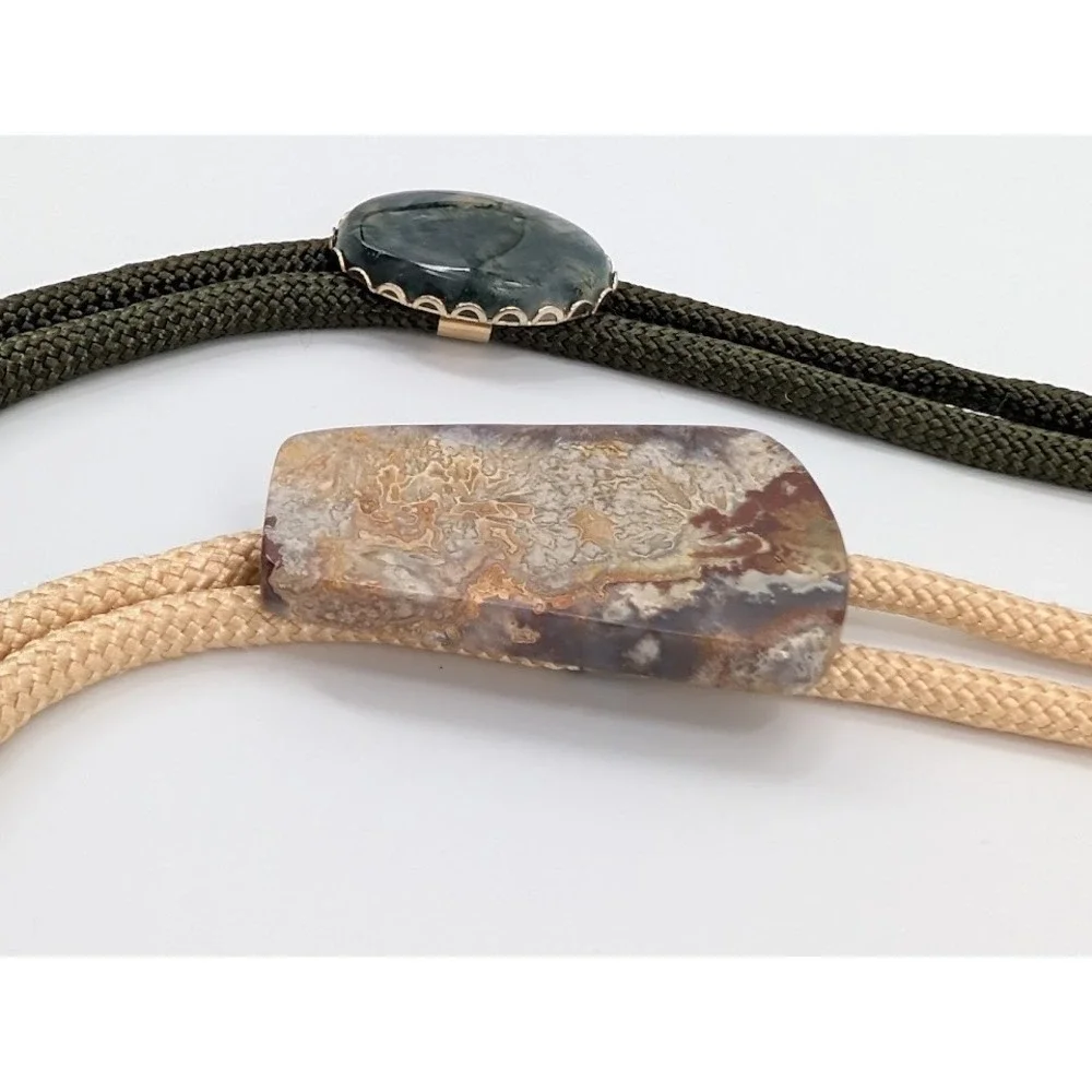 Lot of 2 Vintage Bolo Tie Green‎ and Tan Natural Stone Western Necktie Festival